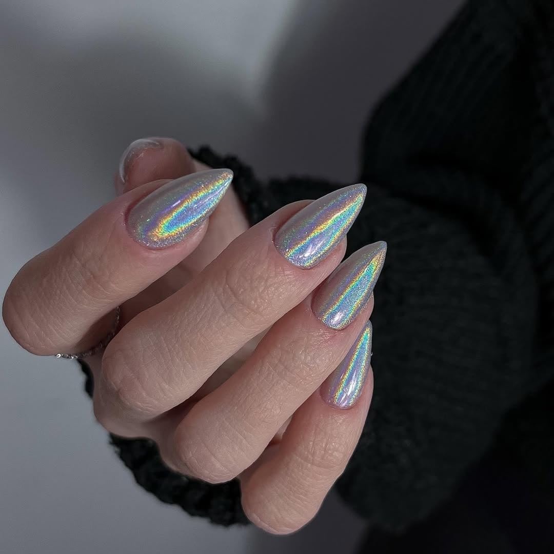 Chrome Press On Medium Almond - KQueenest Glitter White Press On Nails, Sparkle Gel Fake Nails Press on with Mirror Effect, Shinny Glitter Glue on Nails Stiletto, Reusable Stick On Nails for Women