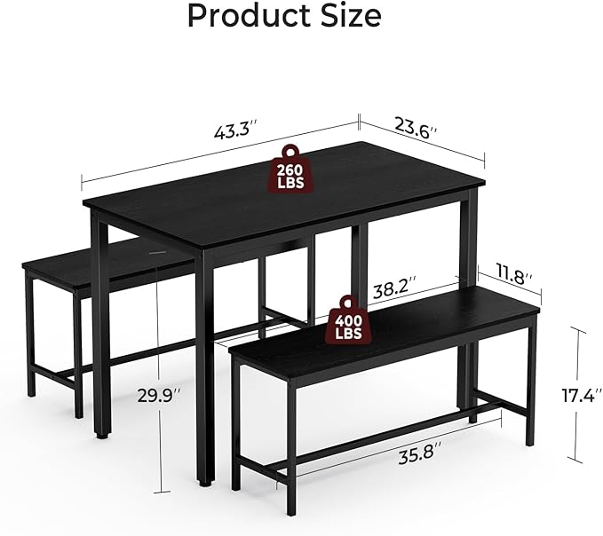 Tatub Dining Table Set for 4, 3-Piece Kitchen Table with 2 Benches, Space-Saving Dining Room Set for Breakfast Nook and Small Spaces, Black