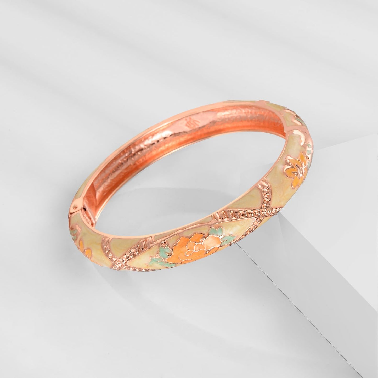 UJOY Classic Cloisonne Bracelets Enamel Jewelry Plated Bamboo Flower Cuff Metal Bangle for Women Gift Box 55A108-55A128 Yellow