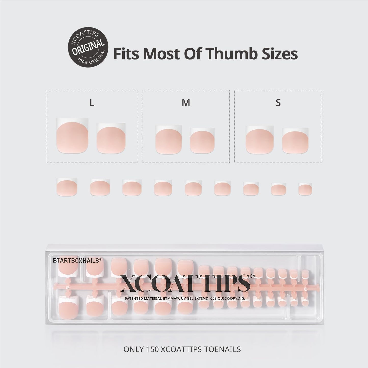 BTArtboxnails XCOATTIPS Toe Nail Tips - Lamp-Curable Sharp Square Nude Press On Toenails for Women, 150 Soak Off French Tip Toe Nail Extensions in 15 Sizes, Builder Gel & Top Coat Required