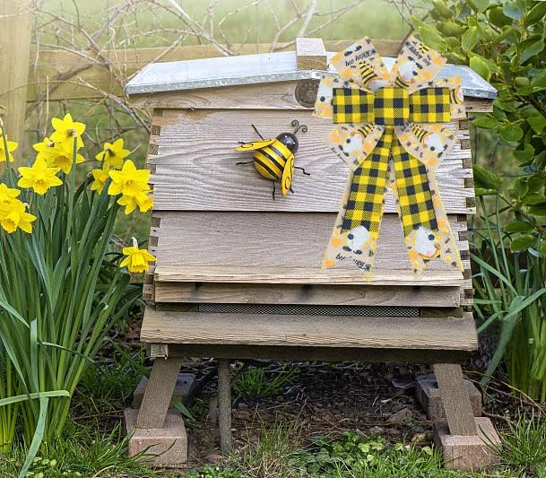 Hying 2PCS Spring Bee Bow for Wreath, Yellow Bumble Bee Wreath Bow Gnome Yellow Buffalo Plaid Bows for Front Door Indoor Outdoor Tree Topper Decoration Supplies Ornament