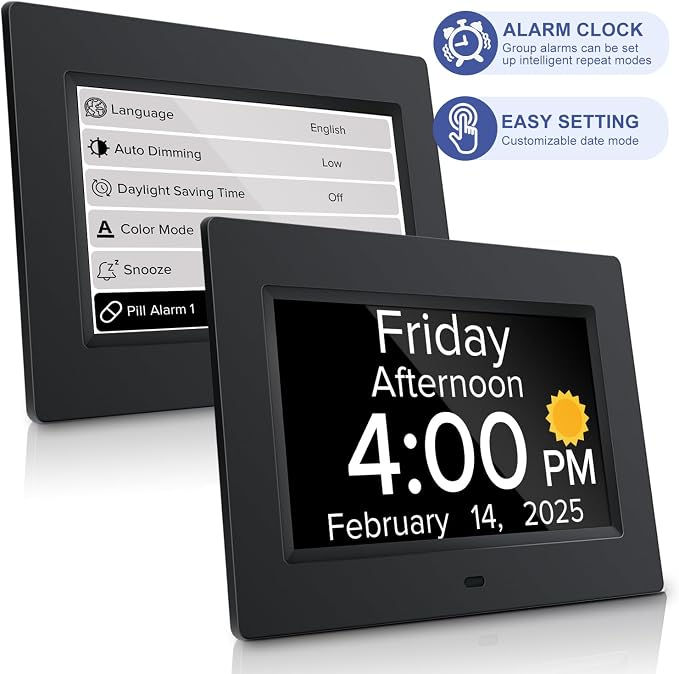 Digital Alarm Clock with Date and Day of Week for Dementia Seniors, Voice Announcement Time, Multiple Alarm Sets, Auto DST, Gifts for Elderly People with Dementia - Black