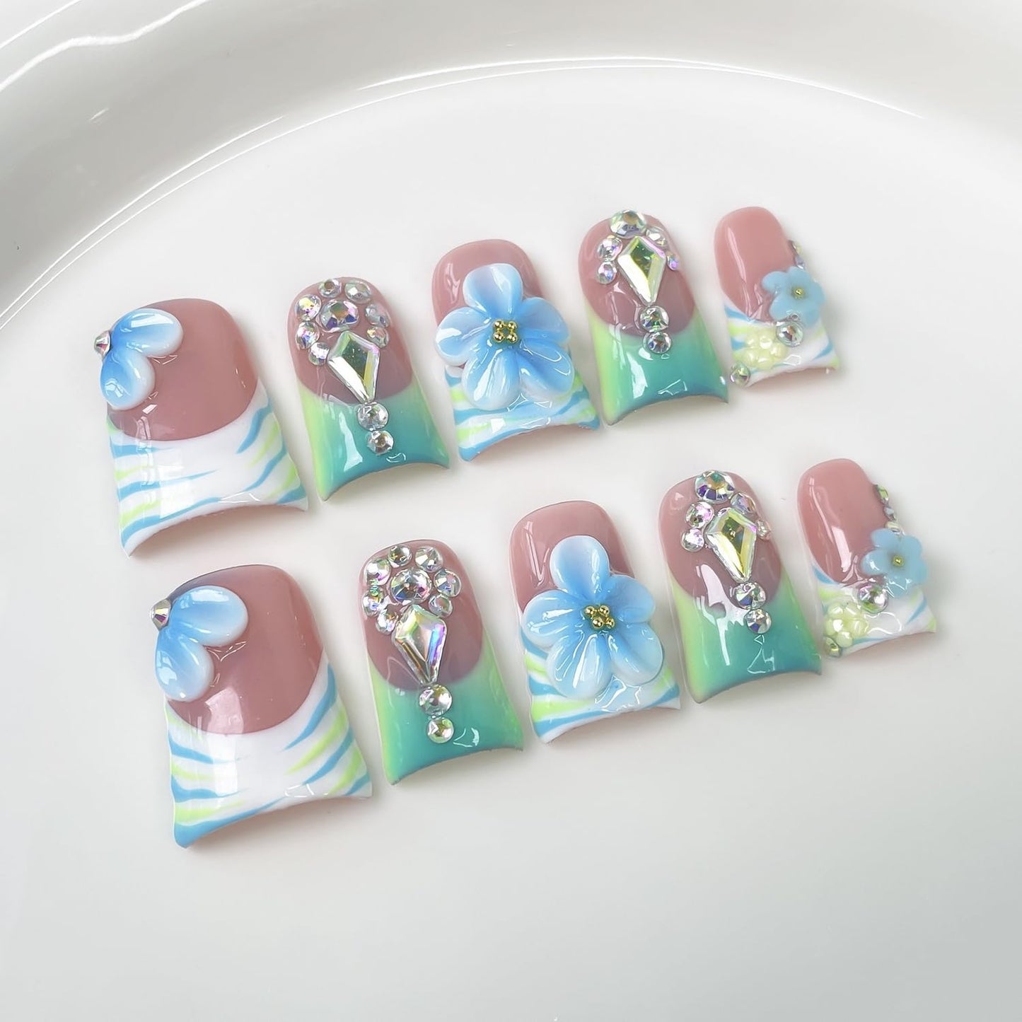 Luxury Press on Nails Short Duck Handmade 3D Unique Reusable ABS Material Fake Nails French Tip False Nails with Designs Floral Rhinestones Blue&Green Glossy Glue on Thick Acrylic Nails(S)