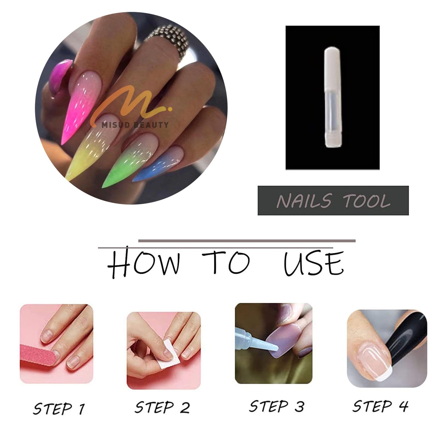 MISUD Press on Nails - Long Stiletto Glue on Nails with Summer Colorful, Acrylic Rainbow Design 24 pcs