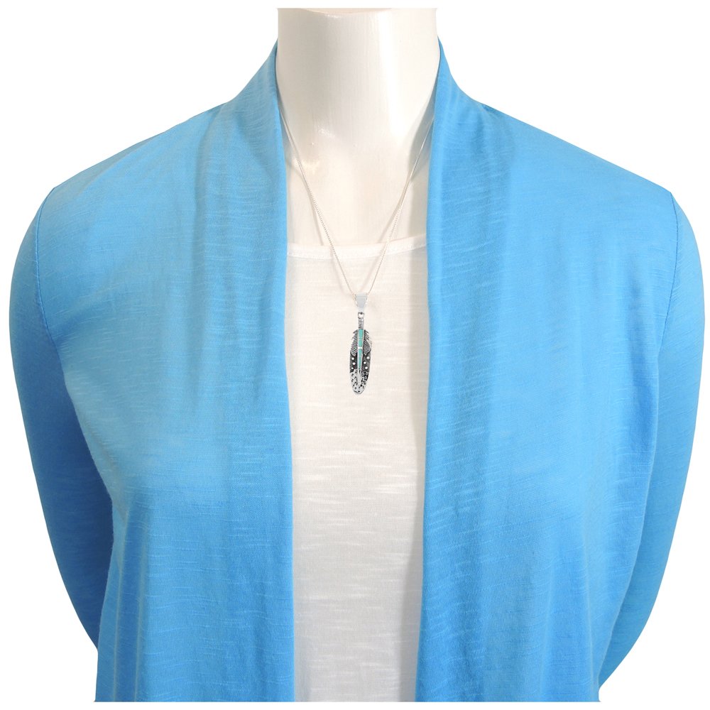 925 Sterling Silver Gemstone & Turquoise Feather Necklace (Pendant & 24" Chain) (Turquoise)