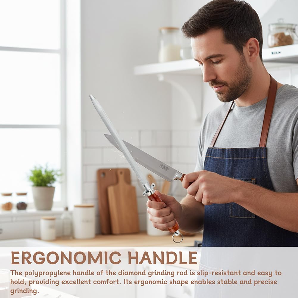Knife Sharpener Rod 10-inch Carbon Steel Honing Rod with Non-Slip Wooden Handle and 2pcs Sharpening Tools, Ergonomic Knife Sharpening Steel for All Chef Knives