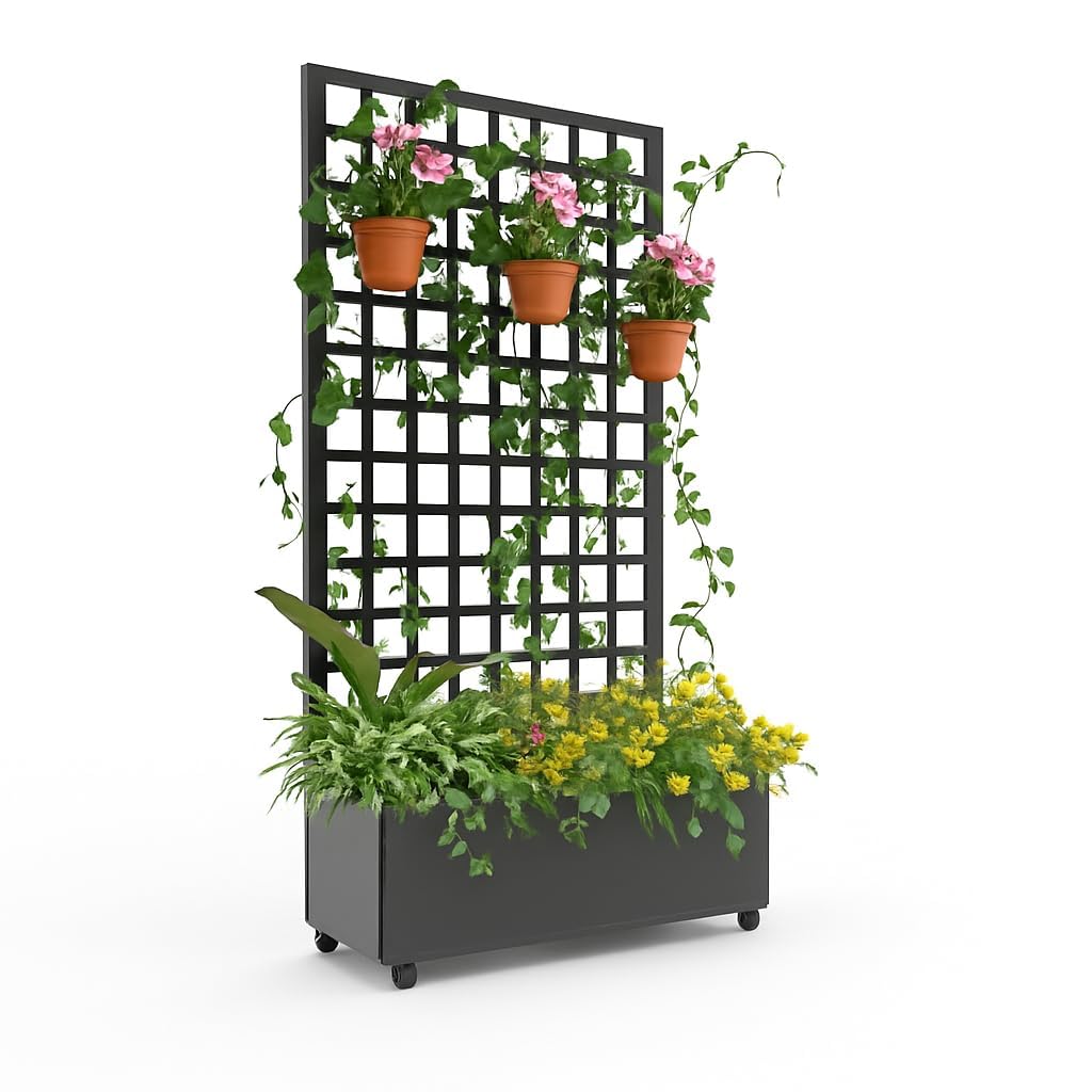 Tedyle Raised Garden Bed with Trellis & Wheels – Large Outdoor Planter Box with Drainage Holes & Privacy Screen for Climbing Plants & Vines, 72" x 35", Black
