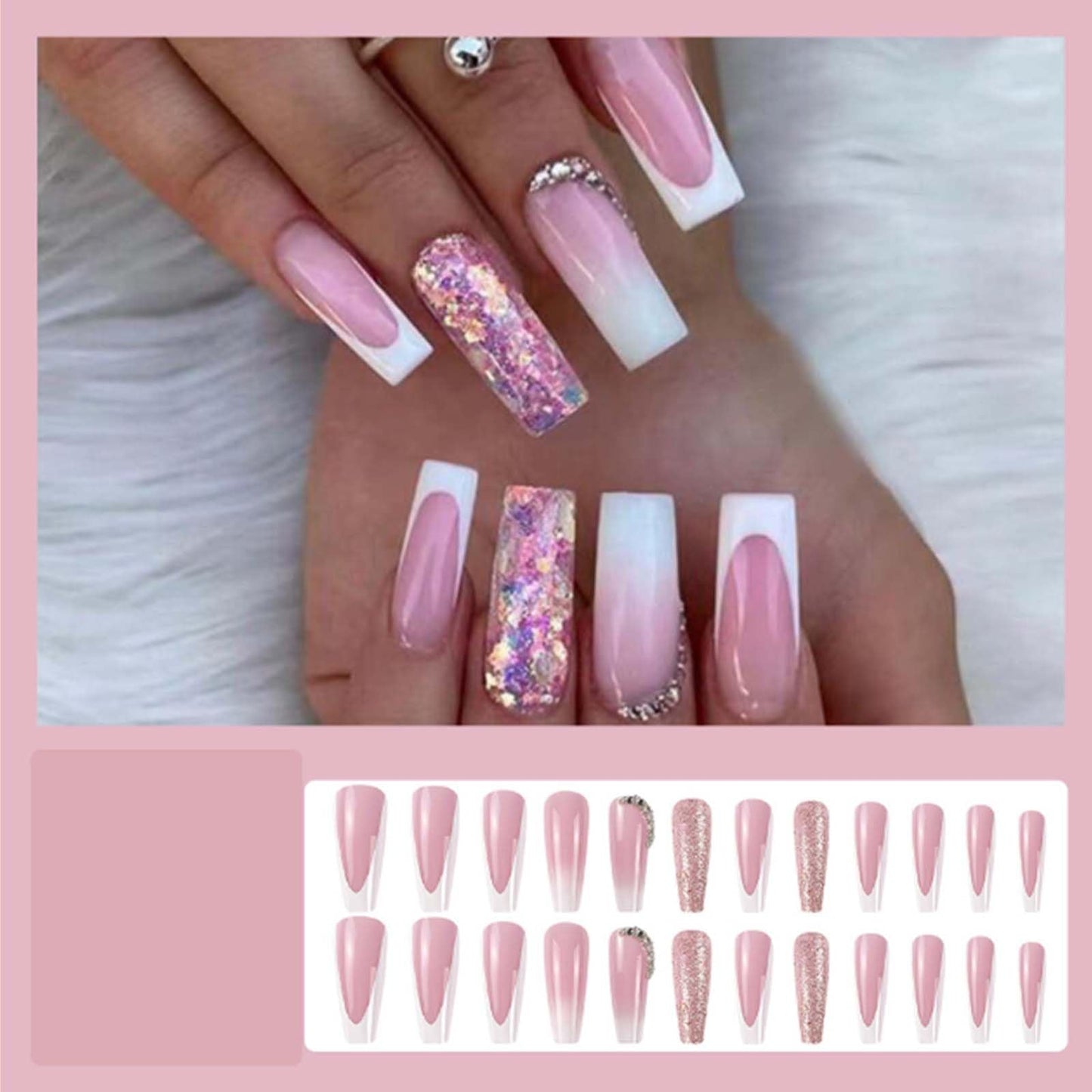 Gifiky Long Coffin False Nails White French Press on Nails Gradient Nails Tips Acrylic Cute Glitter Fake Nails for Women and Girls 24Pcs