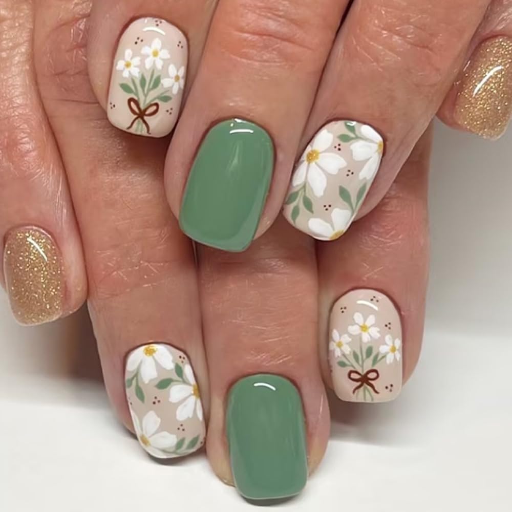 Short Press on Nails Square - Green Fake Nails with Flower Design - Spring, Glitter Full Cover Stick on False Nails for Women - 24 Pcs