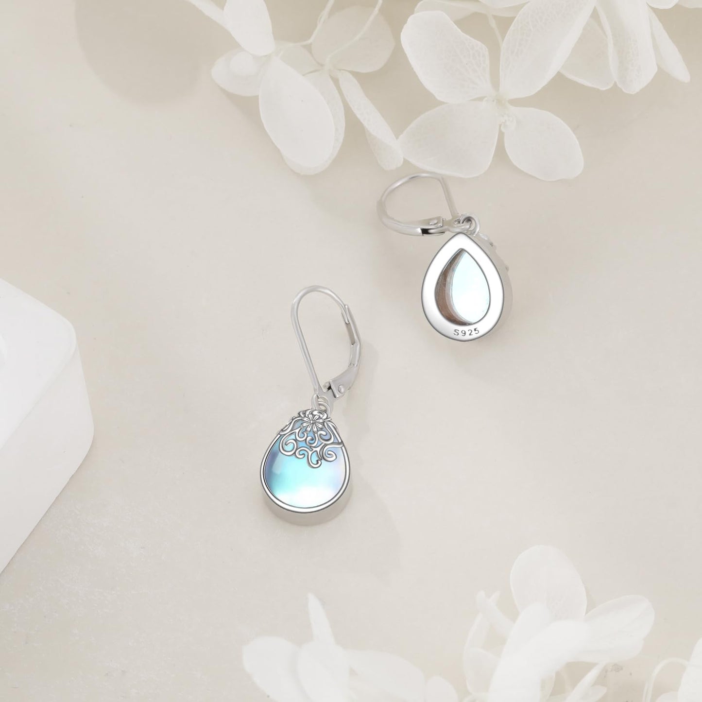 POPLYKE Moonstone Filigree Flower Teardrop Drop Dangle Earrings Sterling Silver Leverback Earrings Jewelry for Women