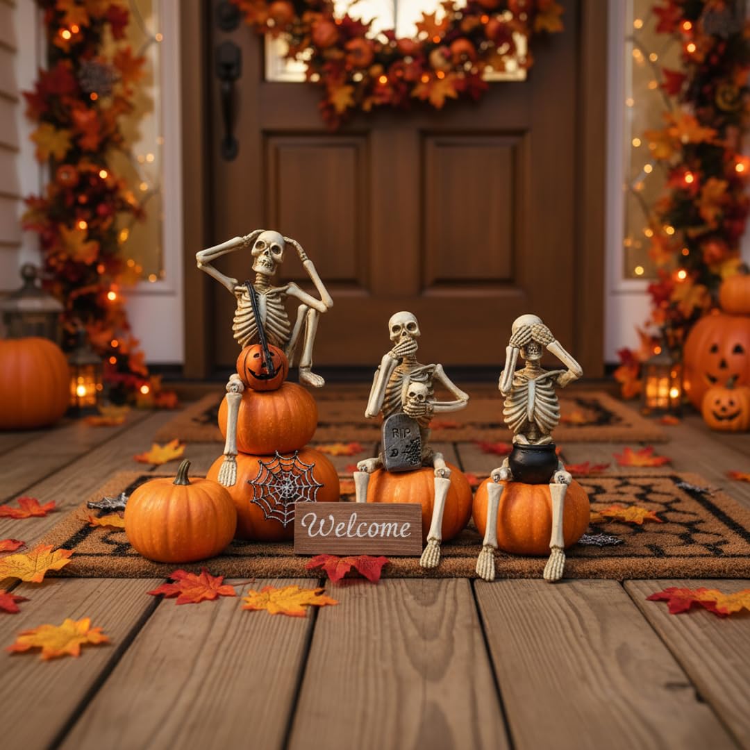 Set of 3 Skeleton Shelf Sitters – Halloween “See No Evil, Speak No Evil, Hear No Evil” Figurines – Gothic Skull Decoration with Legs Dangling – Spooky Funny Shelf Decor for Home, Party, Office