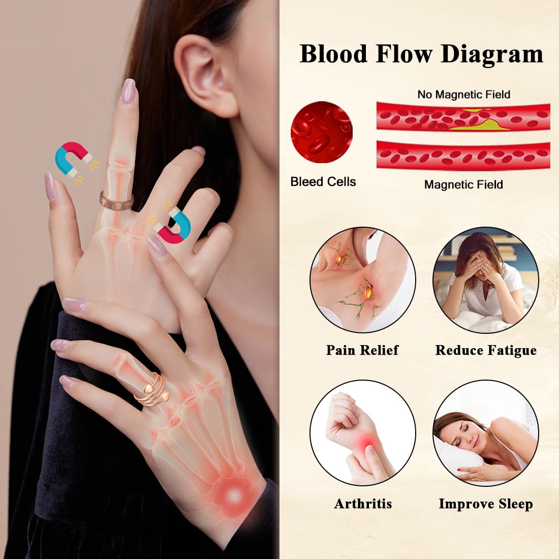 Cigmag 4PCS Copper Rings for Women, Magnetic Rings Strong Magnets Pure Copper, Adjustable