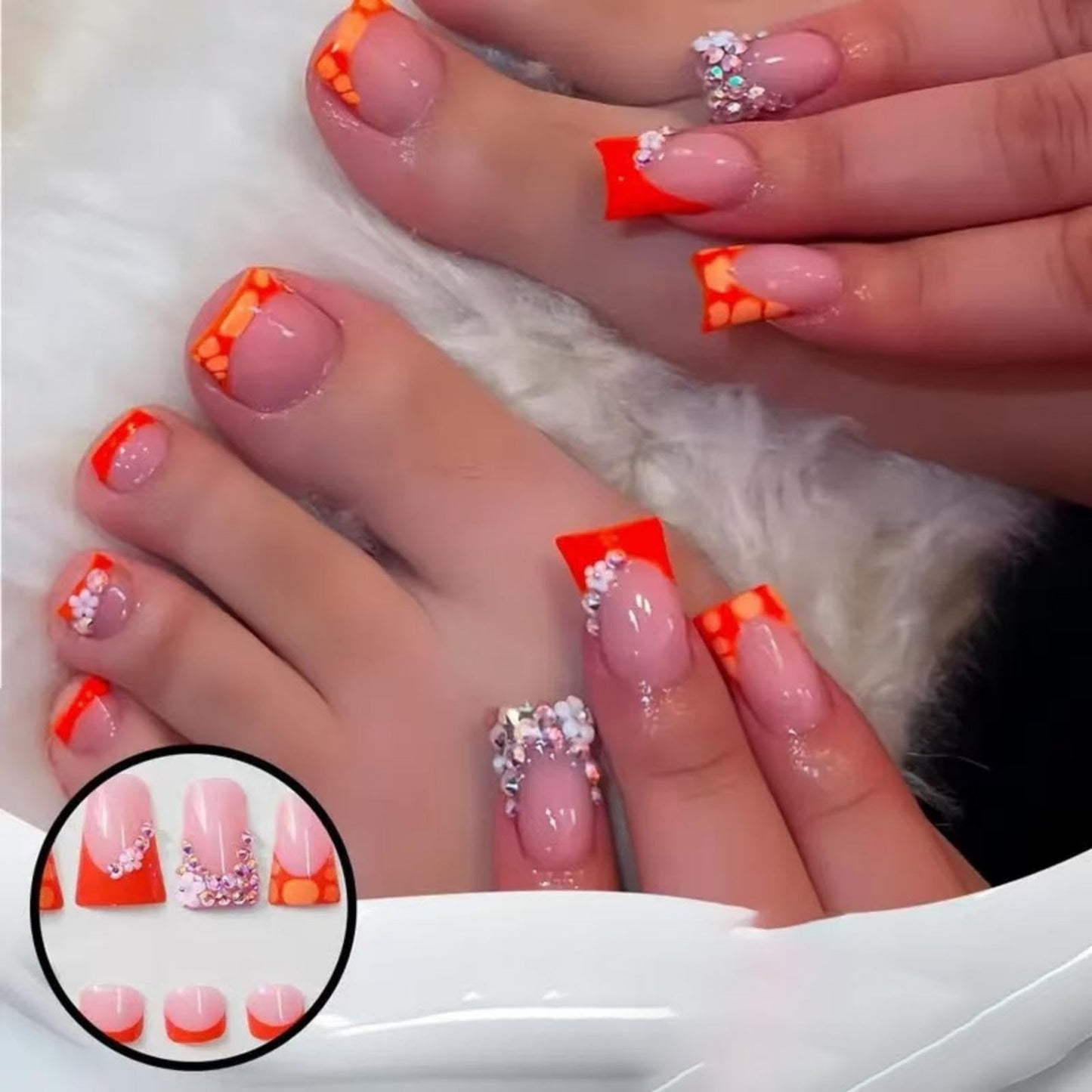 48Pcs Orange French Tip Press on Nails Medium Duck Fake Nails with Flower Rhinestones Design Short Square Press on Toenails Crocodile Print False Toenails Floral Fake Toenails for Women Girls Manicure