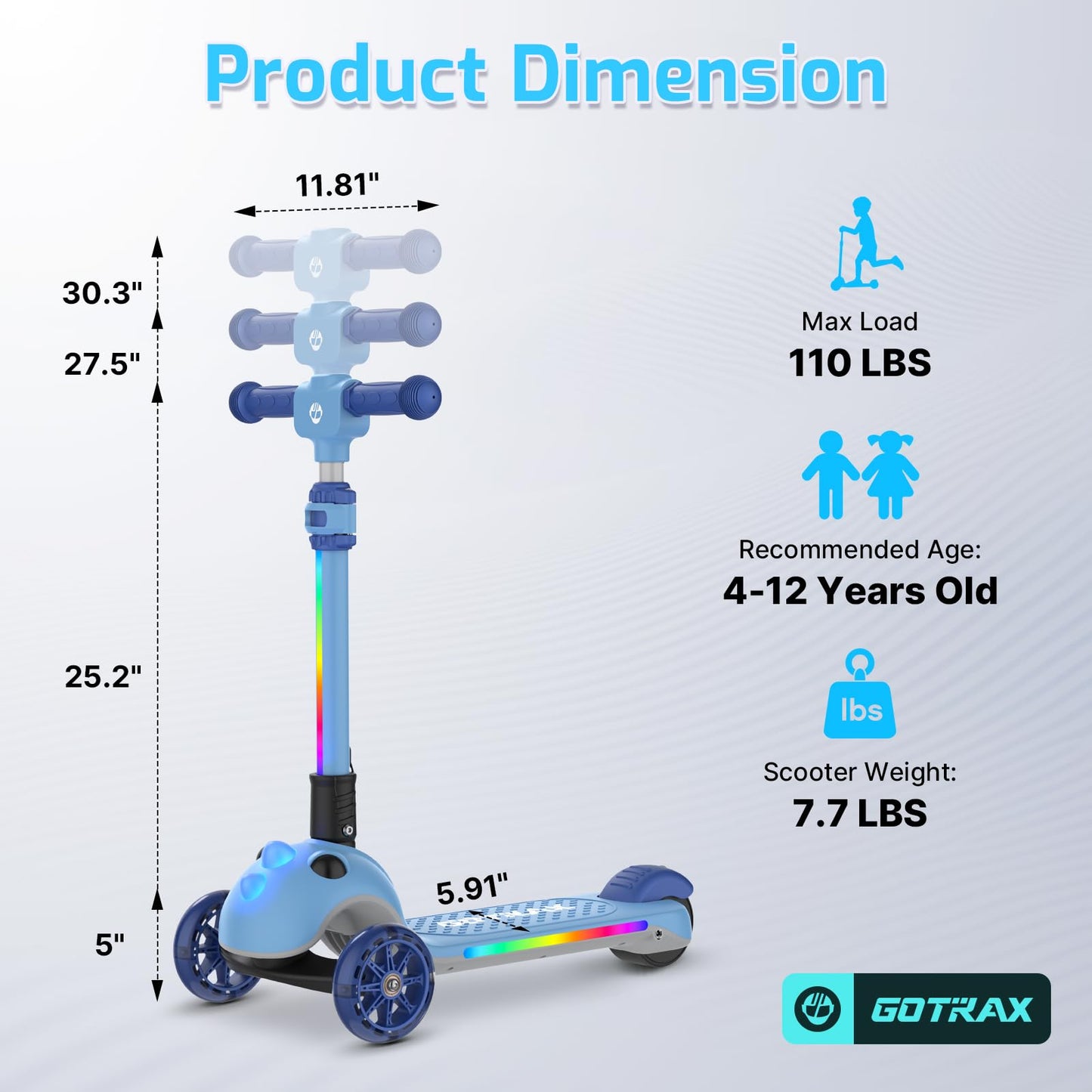 Gotrax SK1 Foldable Electric Scooter for Kids 4+, Full Body LED Light, 90min Riding& 5Mph Speed, Push-Button Throttle&Battery Indicator, 6'' Wheel & 3 Adjustable Height, 3 Wheel Escooter,Gift,Blue