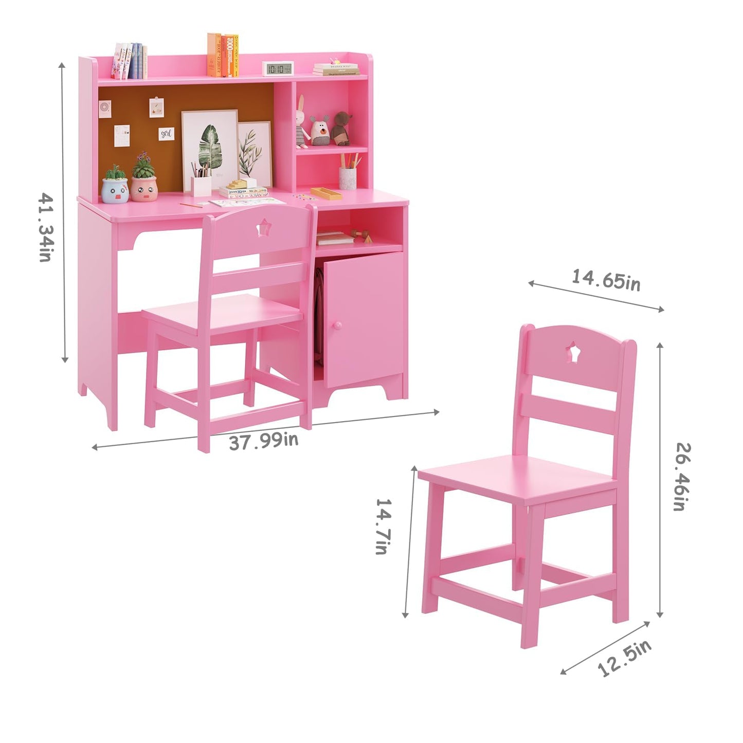 GAOMON Kids Desk & Chair Set with Hutch, Wooden Writing Table with Storage Cabinet for Kids Bedroom, Study Room, Computer Workstation, Pink