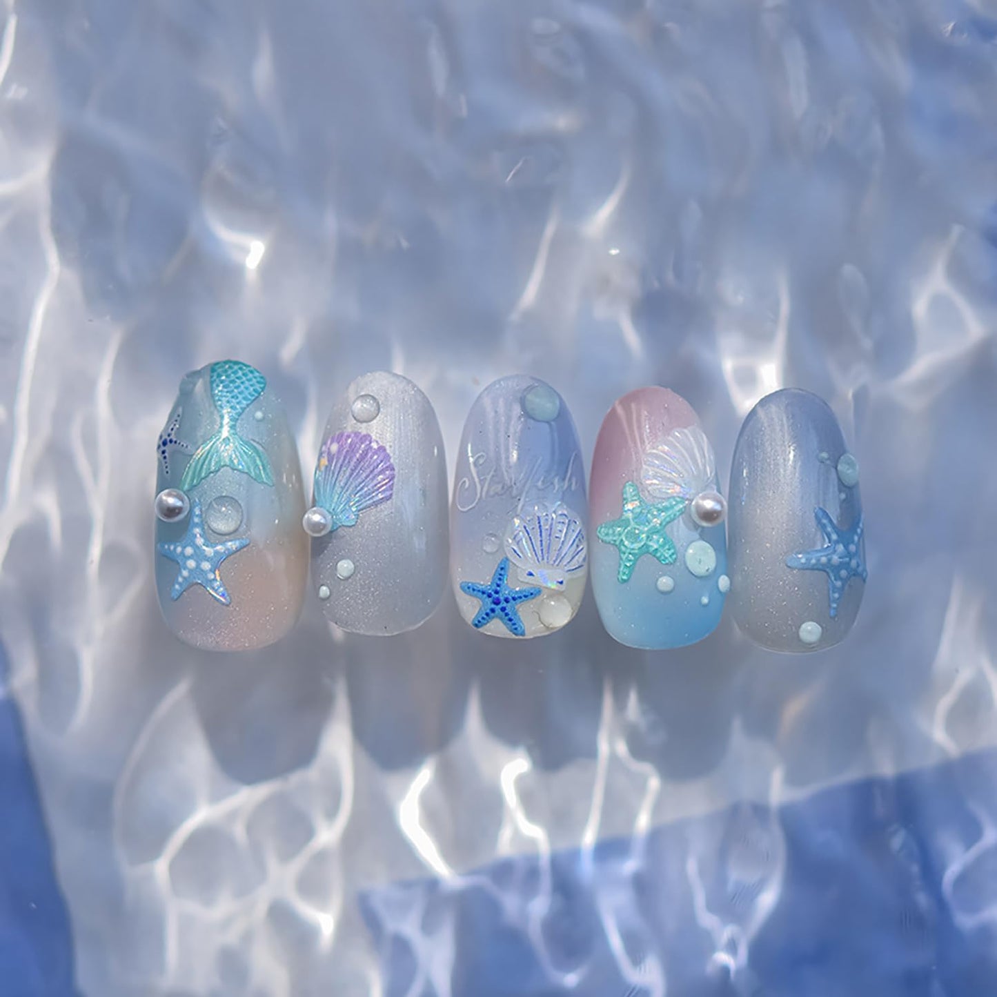 1 Sheets 5D Embossed Summer Nail Stickers for Nail Art Self-Adhesive Starfish Nail Art Stickers Shell Dolphin Mermaid Tail Nail Decals Ocean Theme Nail Design for Women DIY Nails Decoration