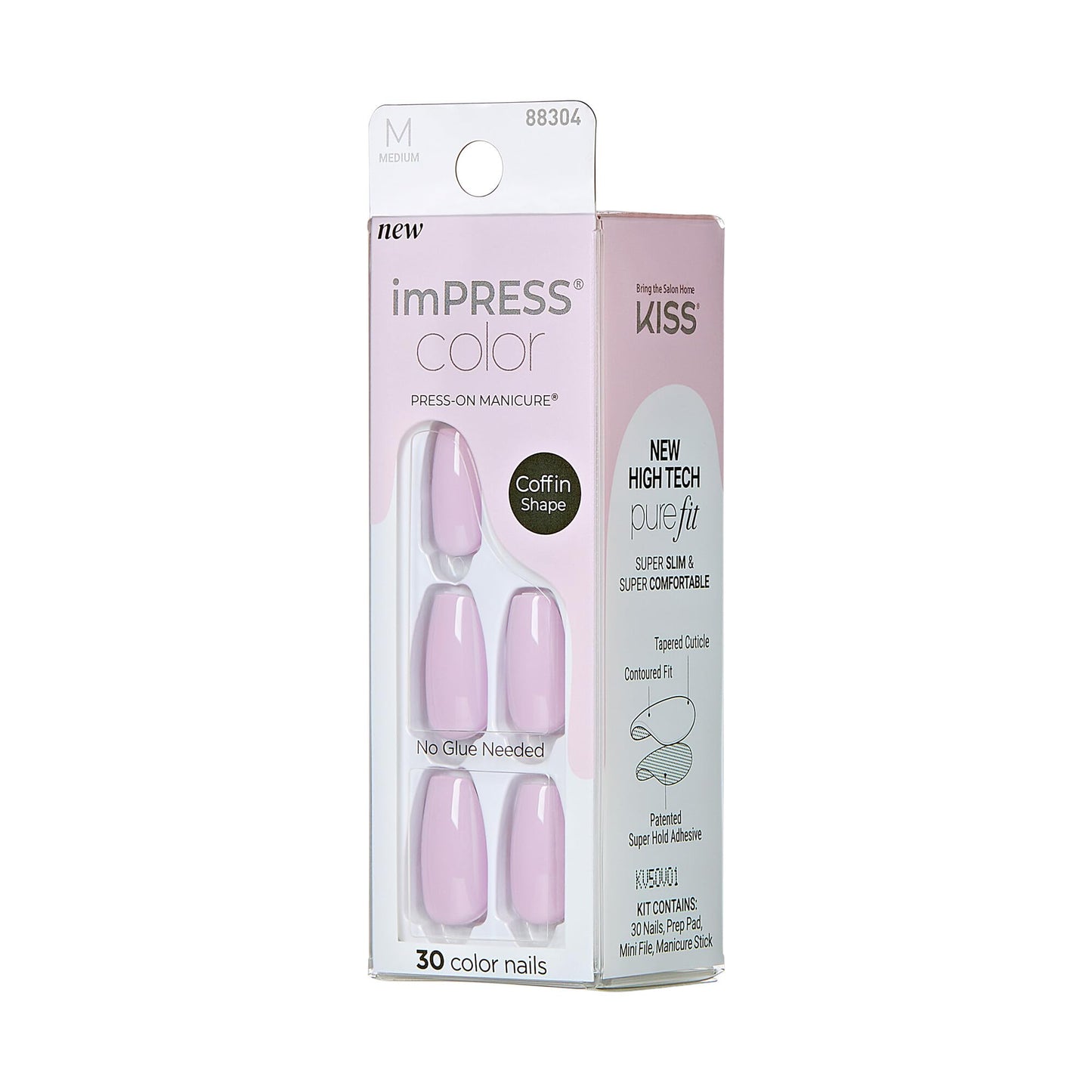 KISS Impress Color No Glue Mani 30 Pcs Press on Nails, Light Pink, Lavender, Medium Size, Coffin Shape, Simple Peel & Press Easy Apply, Hassle-Free Removal, Essential Tools Included