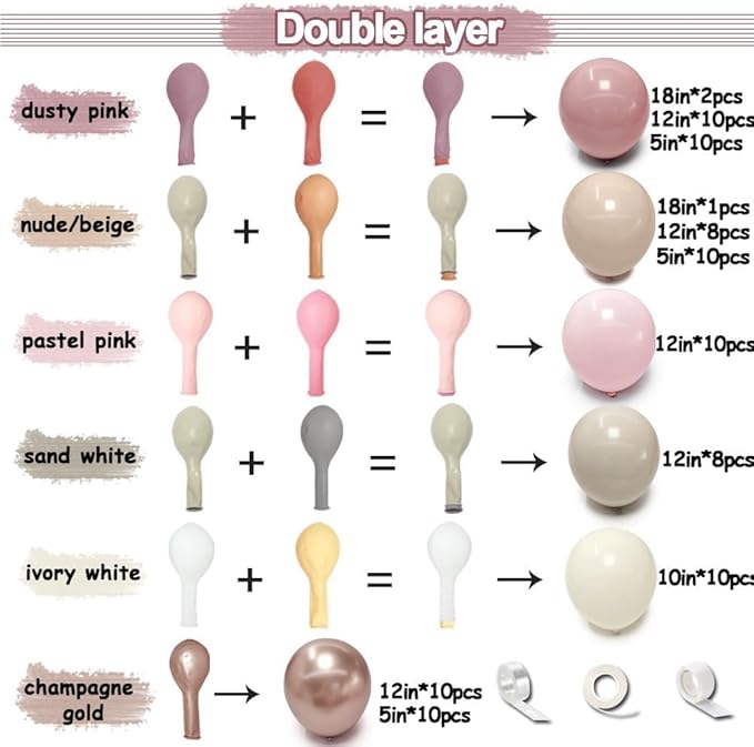 Dusty Pink Rose Balloon Garland Kit, Double Stuffed – Mauve, Light Pink, Blush, Nude, Beige & Champagne Gold Latex Balloons for Boho Birthday, Baby Shower & Bridal