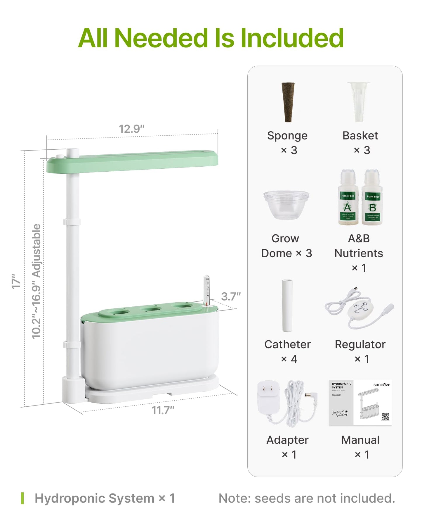 SUNCOZE Hydroponics Growing System Kit with 3 Pods – Full Spectrum LED Grow Light, Adjustable Height Indoor Herb Garden, Compact Hydroponic System for Beginners，Gardening Gifts