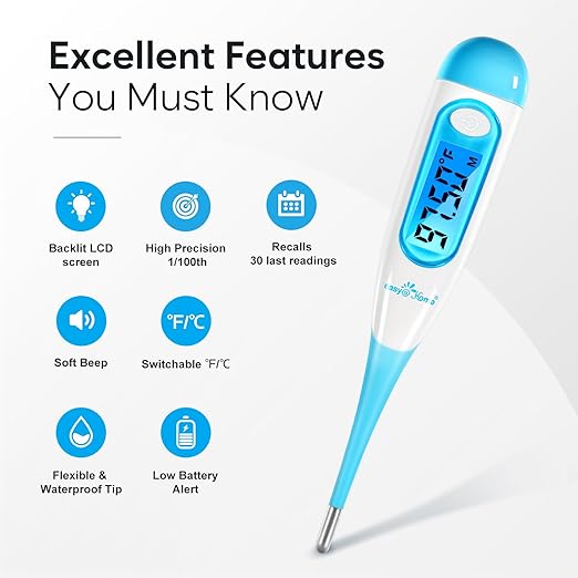 Easy@Home Digital Basal Thermometer with Blue Backlight LCD Display, 1/100th Degree High Precision and Memory Recall, NOT Bluetooth Enabled – Supports Premom App Scan, Blue