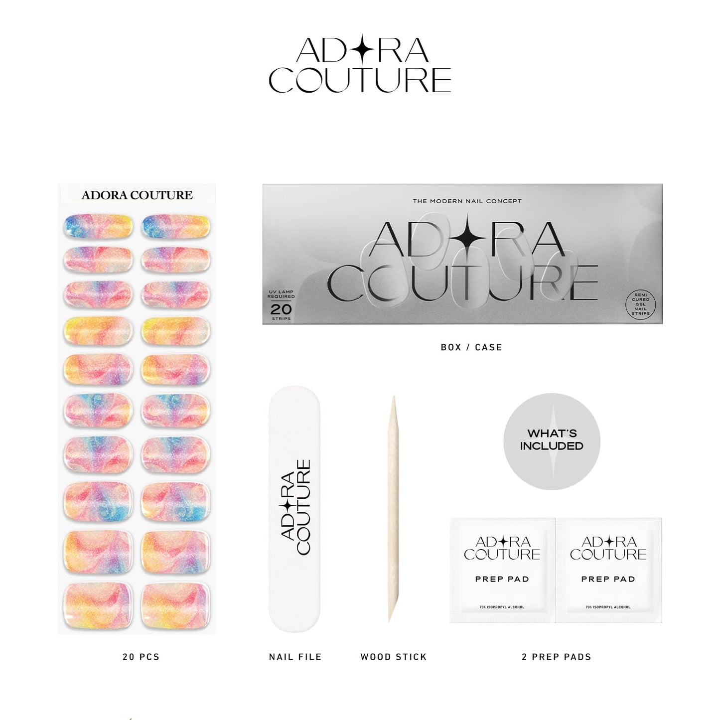 Adora Couture Semi Cured Gel Nail Strips with 20 Pieces - UV Gel Stickers, Manicure Kit, Easy Application Wraps Includes Prep Pads, Nail File, Wooden Stick - UV Light Required (Holographic Pearl)