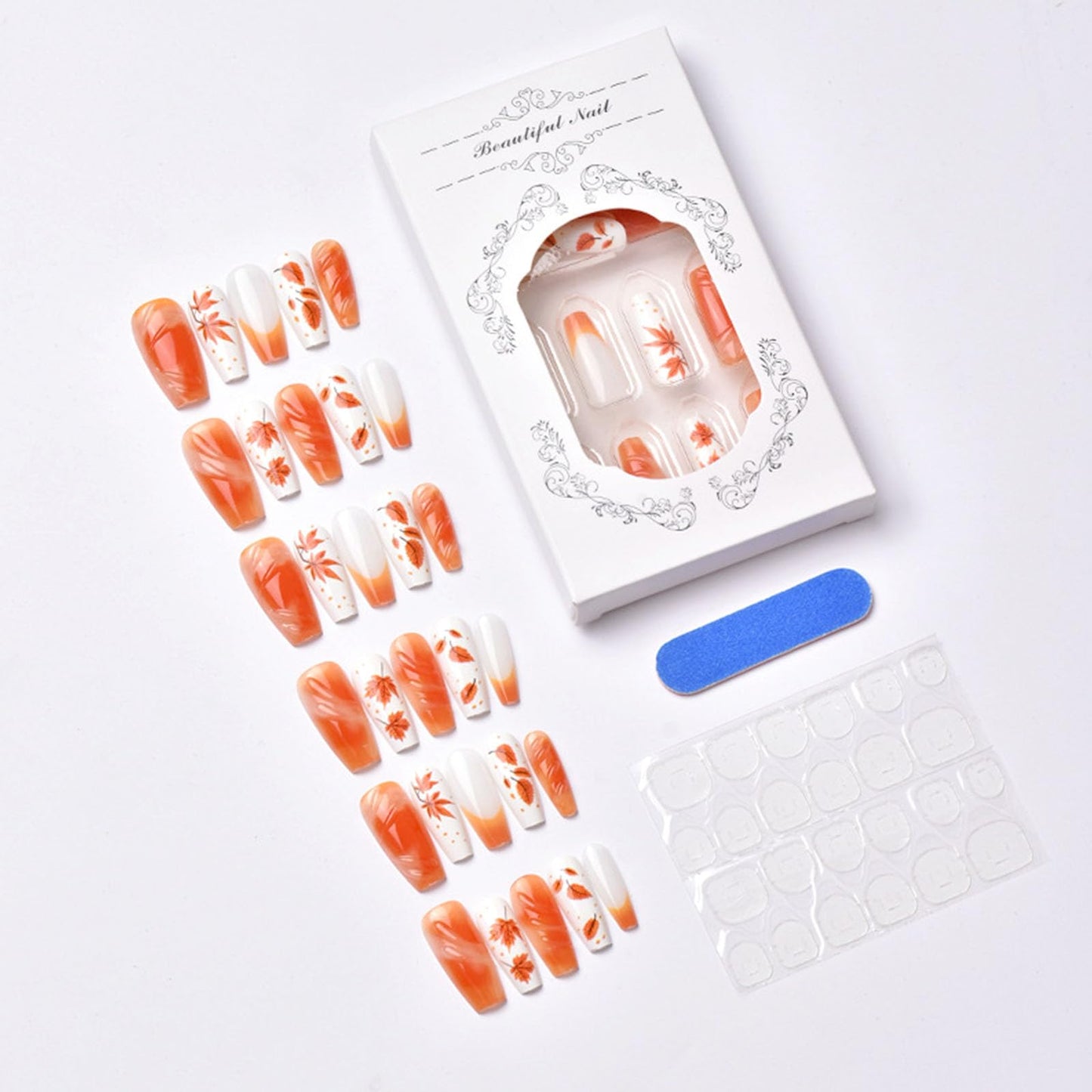 Fall Press on Nails Medium Square Fake Nails with Maple Leaves Dot Lines Designs Glossy Nails Press ons Orange French Tip Glue on Nails Autumn Acrylic Artificial Stick on Nails for Women 30Pcs