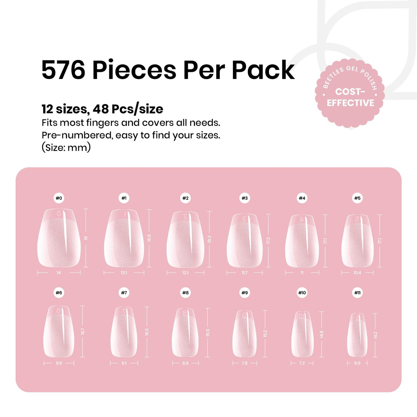 Beetles Gel Nail Tips Extra Short Coffin 576Pcs 12 Sizes - Pre-Etched Shaped Half Matte Soft Nail Tips Press On Nails Full Cover False Nails Acrylic Fake Nail Extension Kit Gift for Women