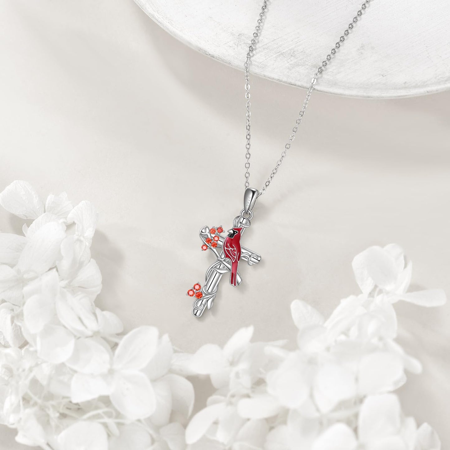 VONALA Cardinal Cross Necklace 925 Sterling Silver Red Bird Pendant Jewelry Gift for Women
