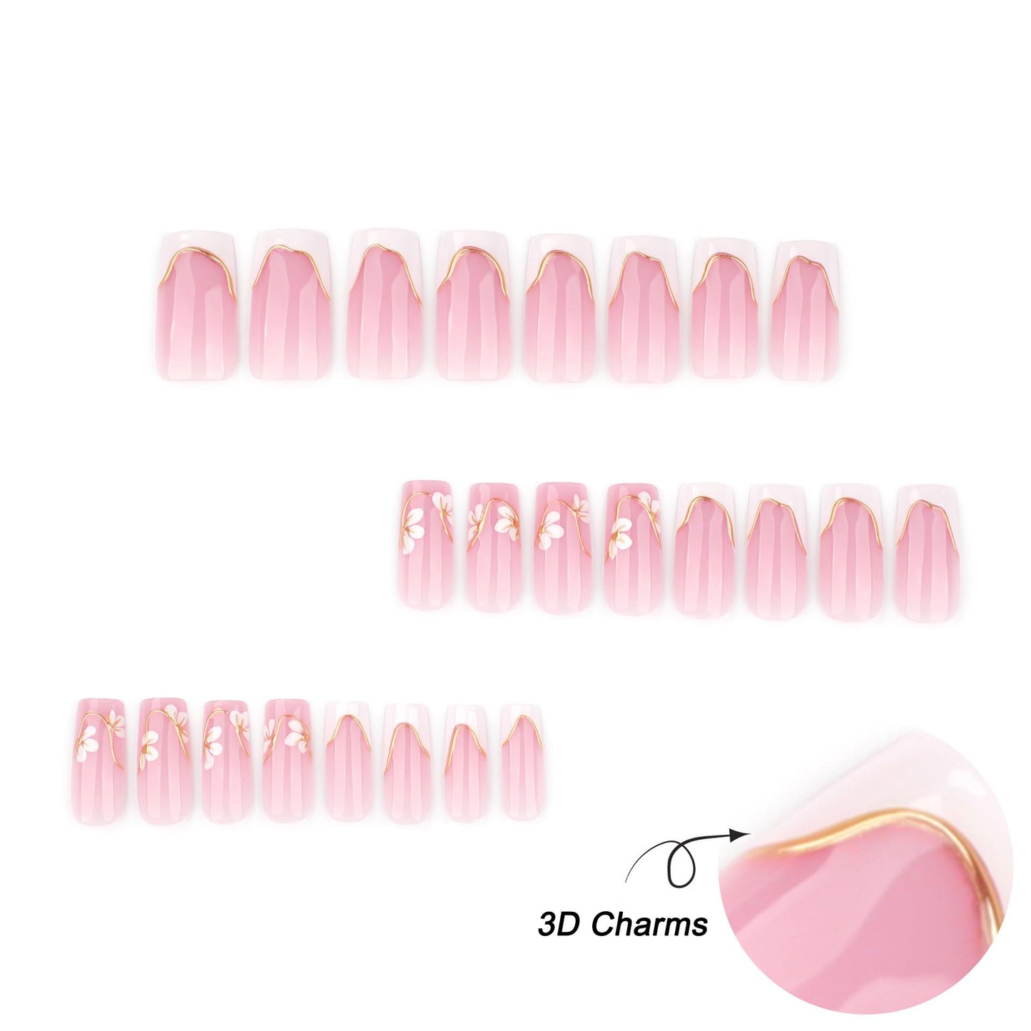 plalely Press on Nails French Tip, Handmade Acrylic Press on French Tip Nails with Flower Designs，Long Square Nail Press Ons for Women 24pcs