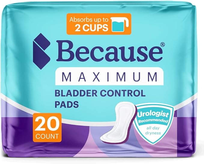 Because Incontinence Pads for Women - Maximum Absorbency, Postpartum Liners, Up to 100% Leak-Free Protection, Discreet Protection for Bladder Leaks, 20 Count