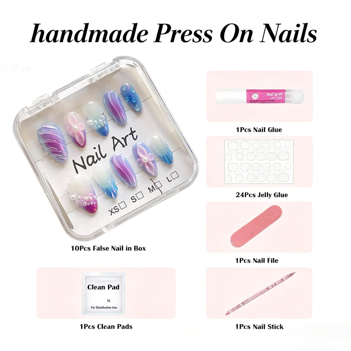 Almond Shape Handmade Press on Nails, Mermaid Tail Wave Texture 3D Floral Pearl Decor Aurora Gradient Luxury Party Style Reusable for Women 10 Pcs(Size M)