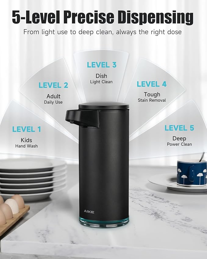 AIKE SensePro Automatic Soap Dispenser Type-C Rechargable, Stainless Matte Black Coating 12.8 fl.oz. for Liquid Soap