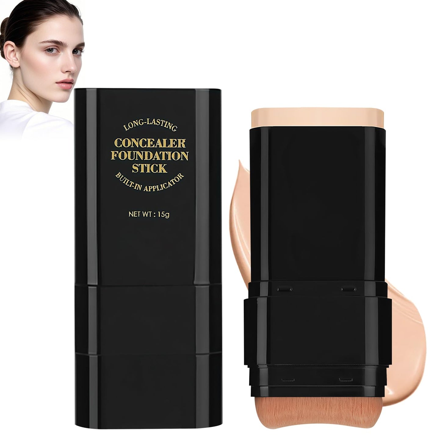 2PCS Long-Lasting Concealer Foundation Stick, Full Coverage Foundation Stick, 2-in-1 Contouring foundation with Brush, Cover Blemishes for All Skin Types (02#Natural)