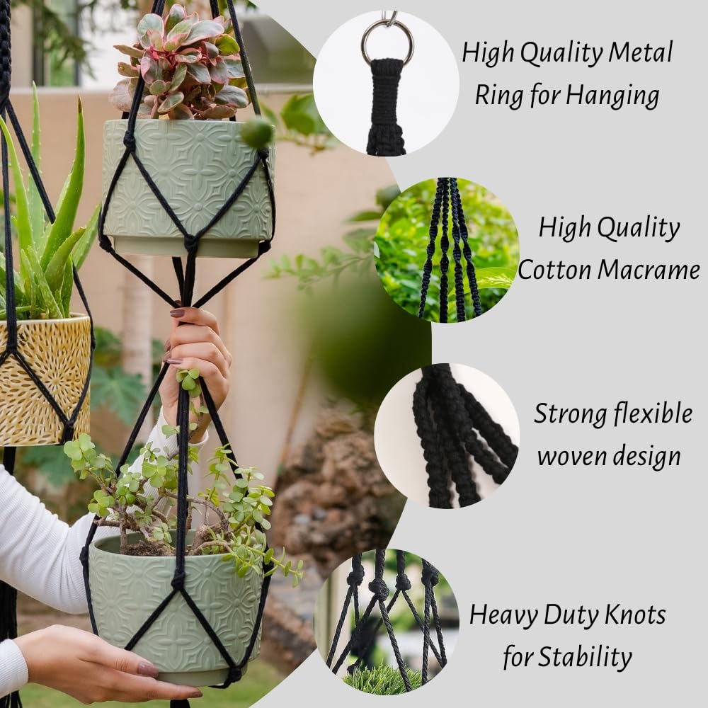 Feedee Macrame Plant Hangers - 6 Pack, Black, Indoor/Outdoor, Cotton