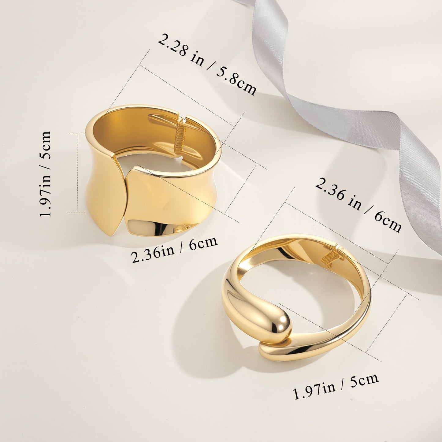 Yowivon Gold Bangles for Women, 2PCS Teardrop Chunky Gold Bracelet Set, Hinged Open Bangle Bracelets Stack for Women, Non Tarnish Thick Cuff, Trendy Jewelry Gifts for Christmas Valentine Birthday