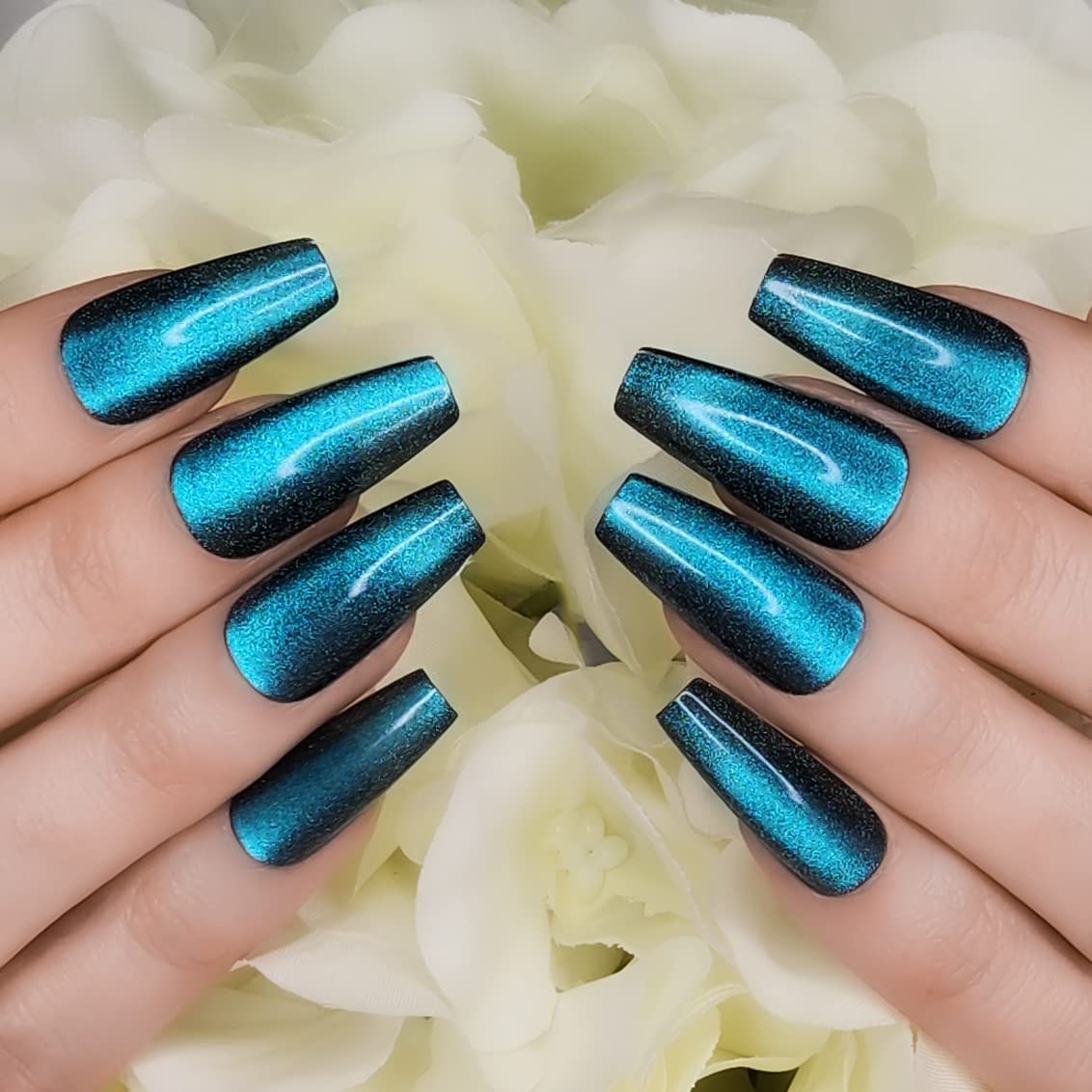 Hypnaughty 24 Pcs Ocean Cat Eye Effect Blue Glossy And Sparkly Coffin Long Press On Nails With Nail Kit And Glue (Ocean Cat Eye)