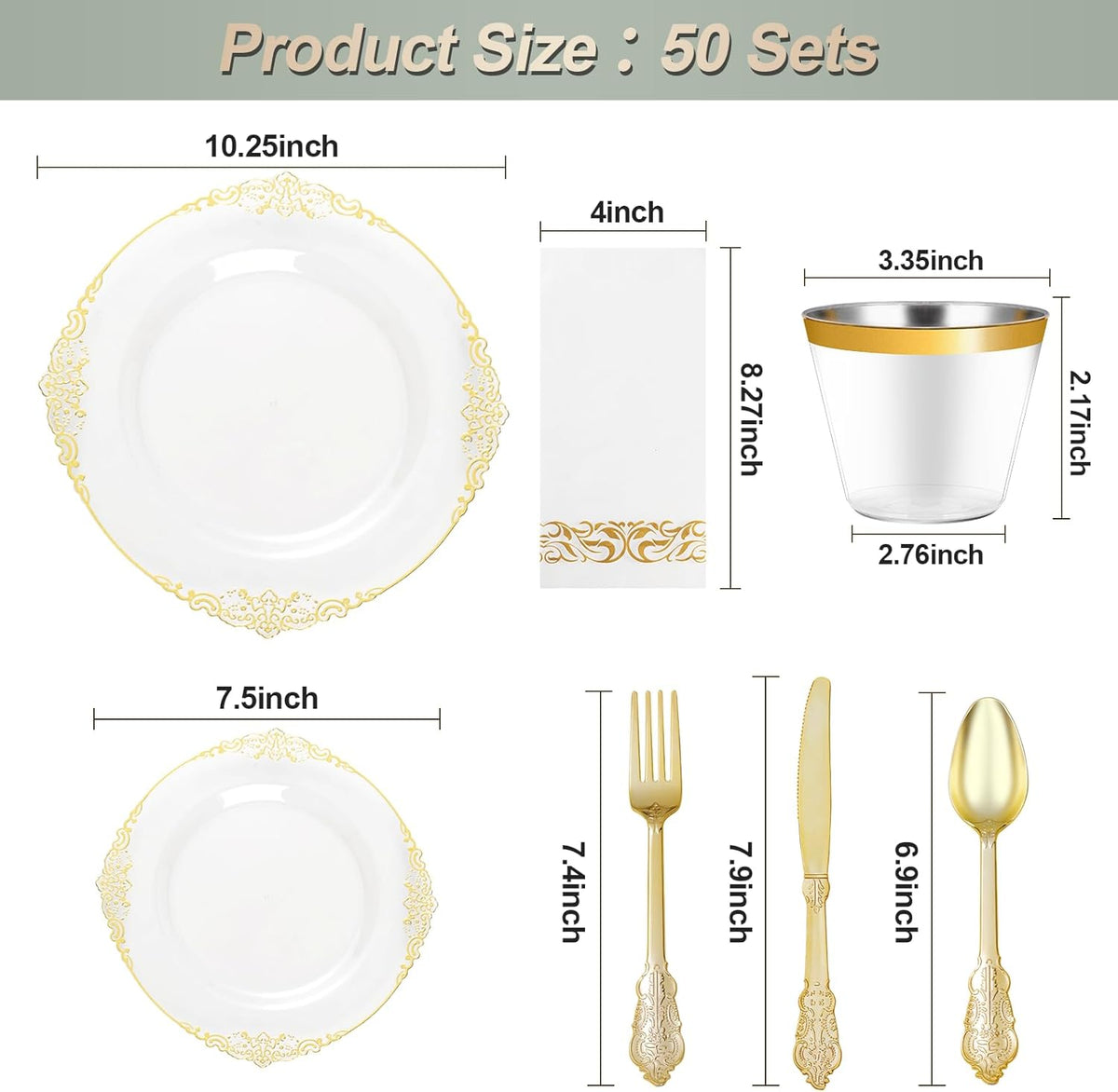 350PCS Clear Gold Plastic Plates for 50 Guests, Disposable Dinnerware Set Includes 100 Clear Disposable Plates, 150 Gold Silverware, 50 Cups, 50 Napkins for Party, Wedding