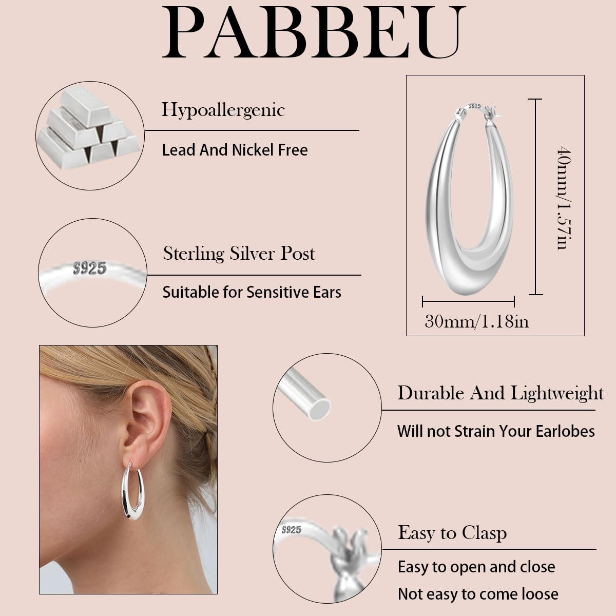 PABBEU Sterling Silver Chunky Oval Hoop Earrings, 40mm, Hypoallergenic, for Women