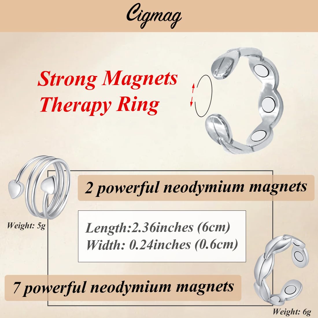 Cigmag 2PCS Copper Rings for Women - Pure Copper Magnetic Ring Strong Magnets - Adjustable with Present Box