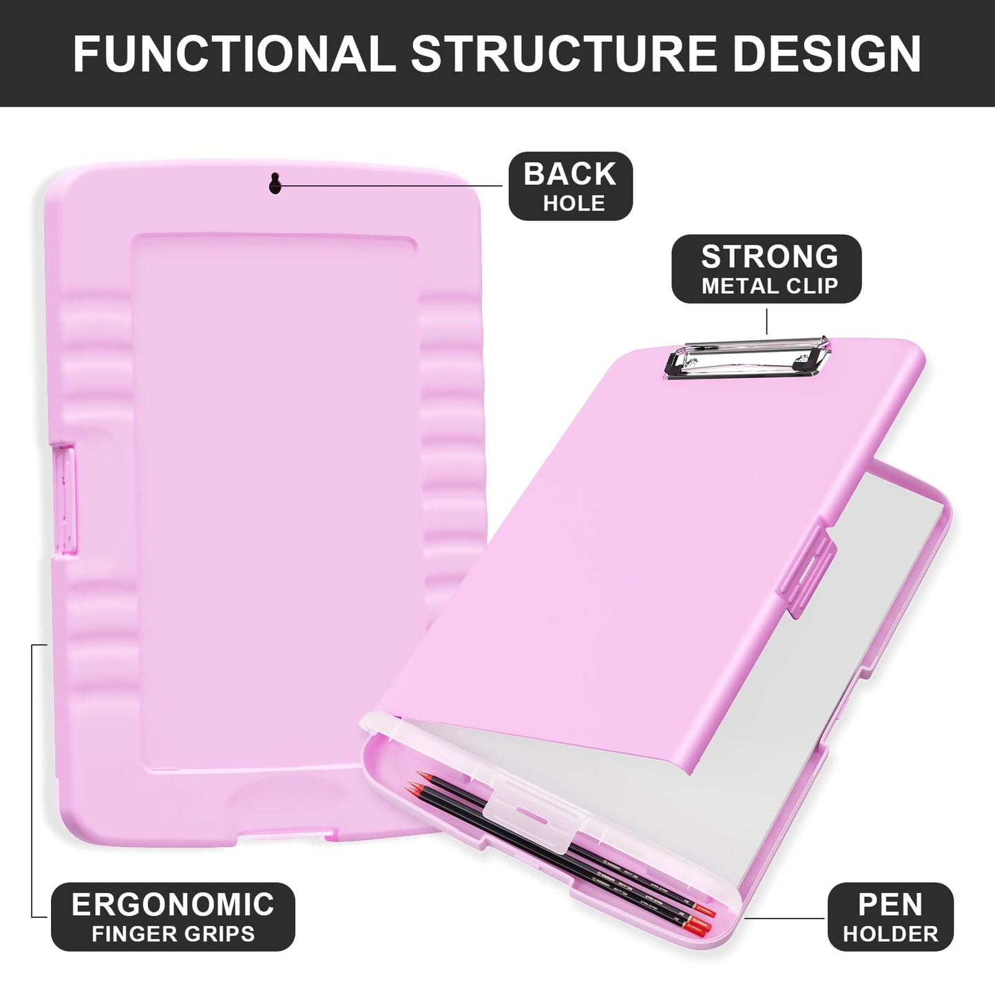 Plastic Clipboard with Storage, 8.5 x 11 Storage Organization Box Side-Opening, Heavy Duty Clip Board with Pen Holder and Paper Folder for Nurses, Teachers, Office & School Supply, Dark Pink