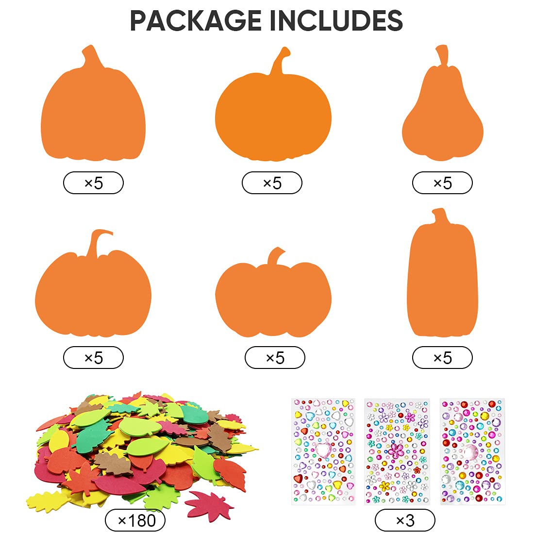 Hifunwu 30Pcs Halloween Foam Pumpkin Craft Kit Decorations with Foam Fall Maple Leaves Rhinestone Stickers for Halloween Thanksgiving Art Crafts Decorations