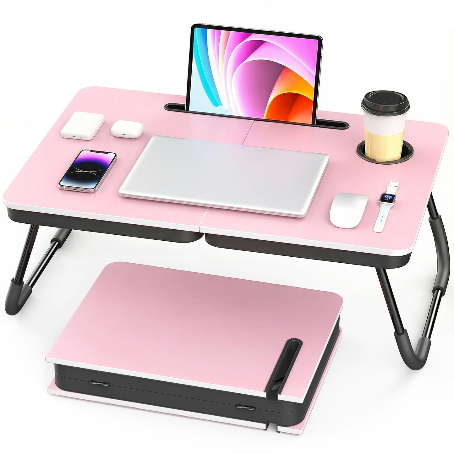 BUYIFY Portable Foldable Laptop Desk for Bed and Couch, Adjustable Lap Desk with Cup Holder and Phone Holder, Ideal for Working, Reading, Writing, and Breakfast (Pink) - SDC1