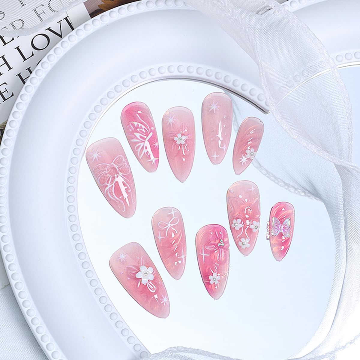 BMKKOT 24Pcs Pink Almond Nails-12: 3D Flower Acrylic Nails, Butterfly Bow, Water Ripple Design, Glossy Finish, Full Cover Nail, ABS Material, Almond Shape, Press-On False Nails
