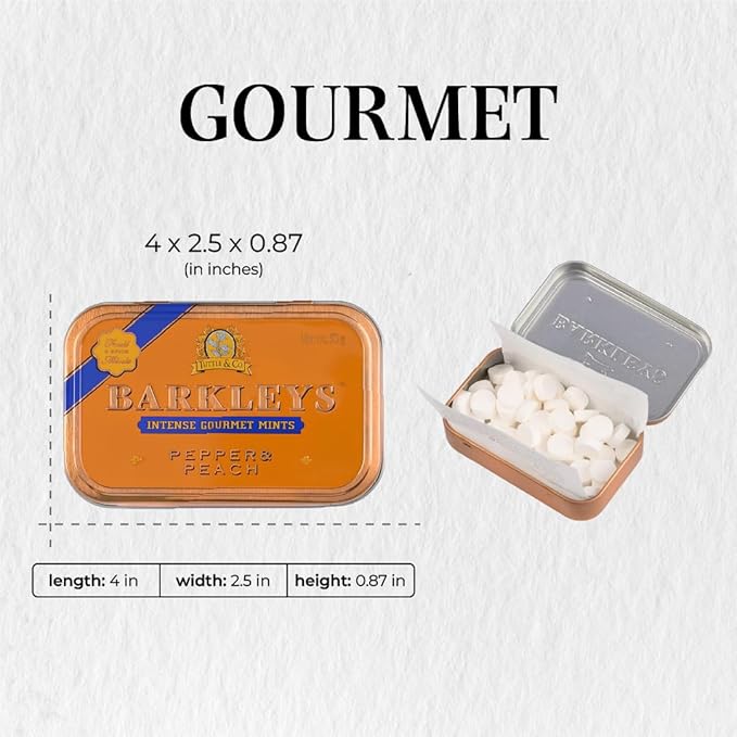 Barkleys Gourmet Pepper & Peach Breath Mints - Strong Pepper & Peach Flavor for Party, After Dinner, Wedding, Every Day Use-Vegan Mints In Reusable Classic Travel Tins, 6 Pack - 50 Count Each