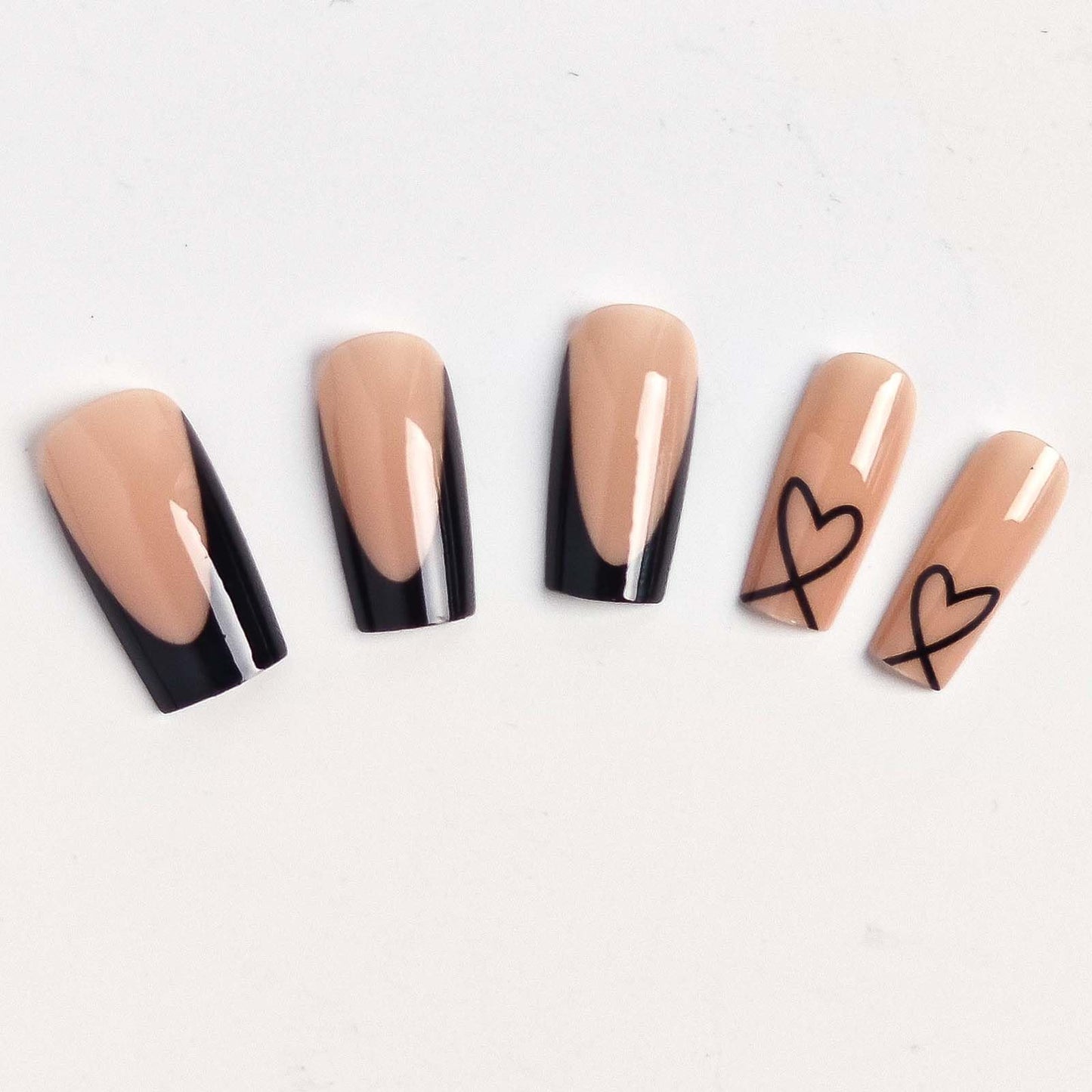 Black French Tip Press on Nails Coffin - Medium Fake Nails with Heart Design - Glossy Full Cover Stick on Press ons for Women Manicure Kit 24 Pcs