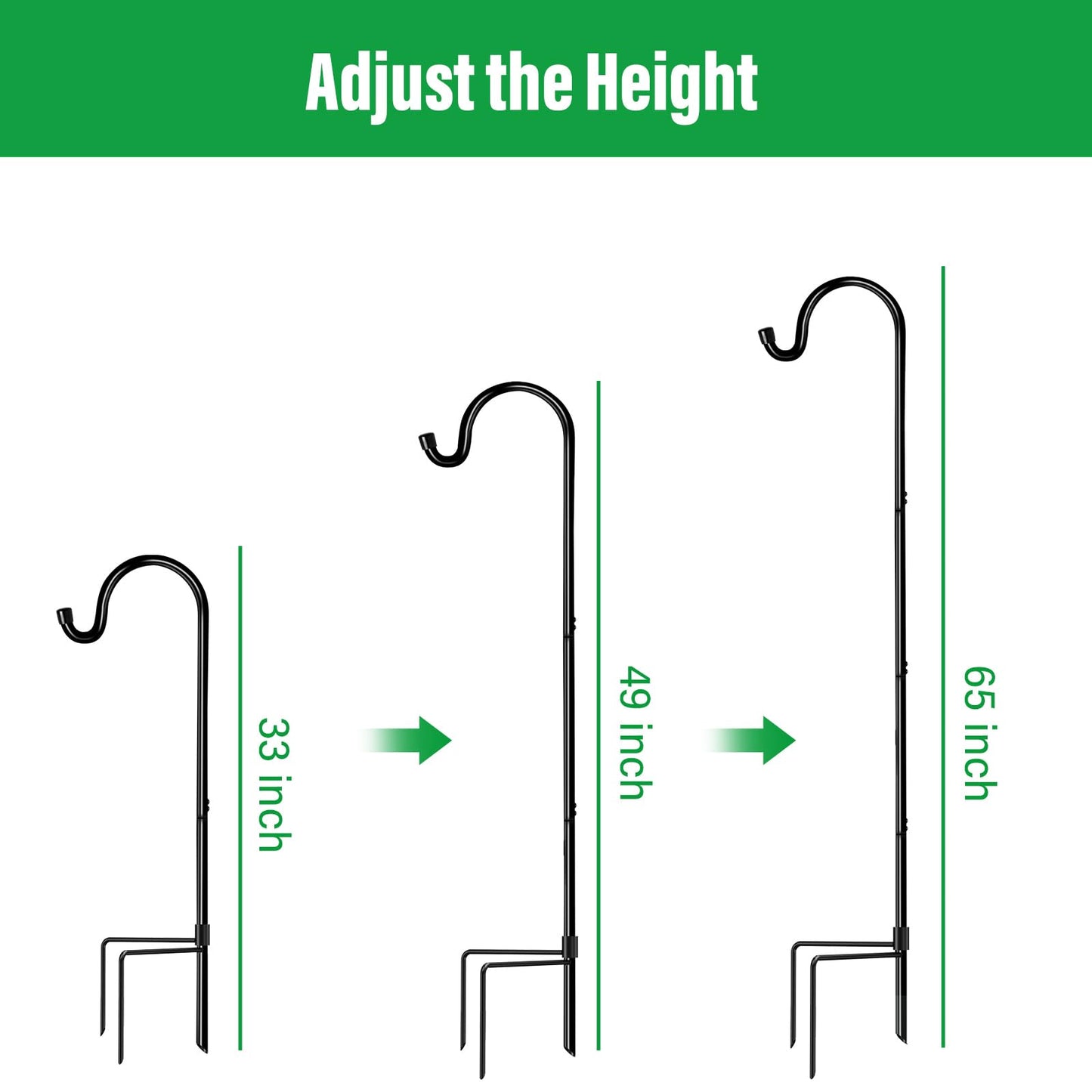 GOFORWILD Shepherd’s Hooks 2 Pack Black, 65 inches Tall, Adjustable Garden Hook for Outdoor, Hanging Plant, Solar Lights, Lanterns, Bird Feeders, Garden Stake and Wedding Decor, 7015