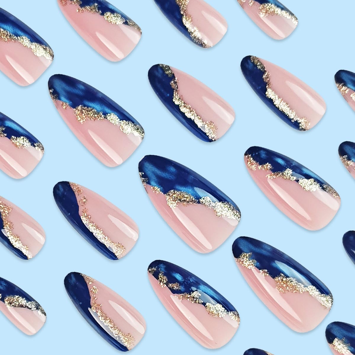 Marble Blue Press on Nails Medium Almond Fake Nails French Tip Nails Press ons with Design Reusable Artificial Nail Full Cover Glue on Nail Stick on Nails for Women Manicure 24Pcs