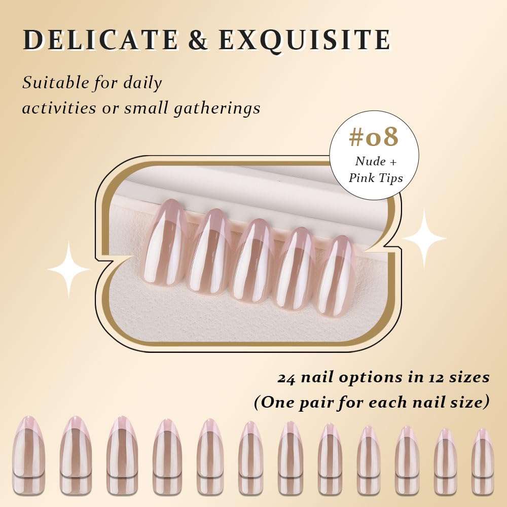 evpct French Tip Press On Nails Medium Almond No Glue, Nude Pink Tips, Chrome Glazed Glossy Medium Almond Fake False Press on Nails, Soft Stick on nail Press ons with Nail Kit, Reusable Salon-quality