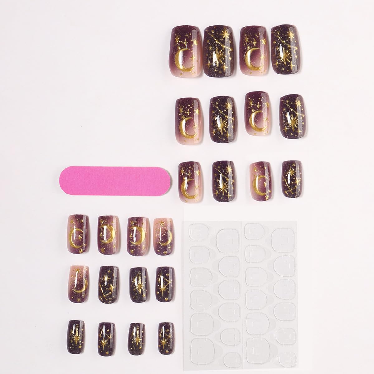 Purple Star Sky Press on Nails Medium Square Fake Nails Gold Stars Moon False Nails Purple Gradient Acrylic Nails for Women Manicure Decoration 24Pcs