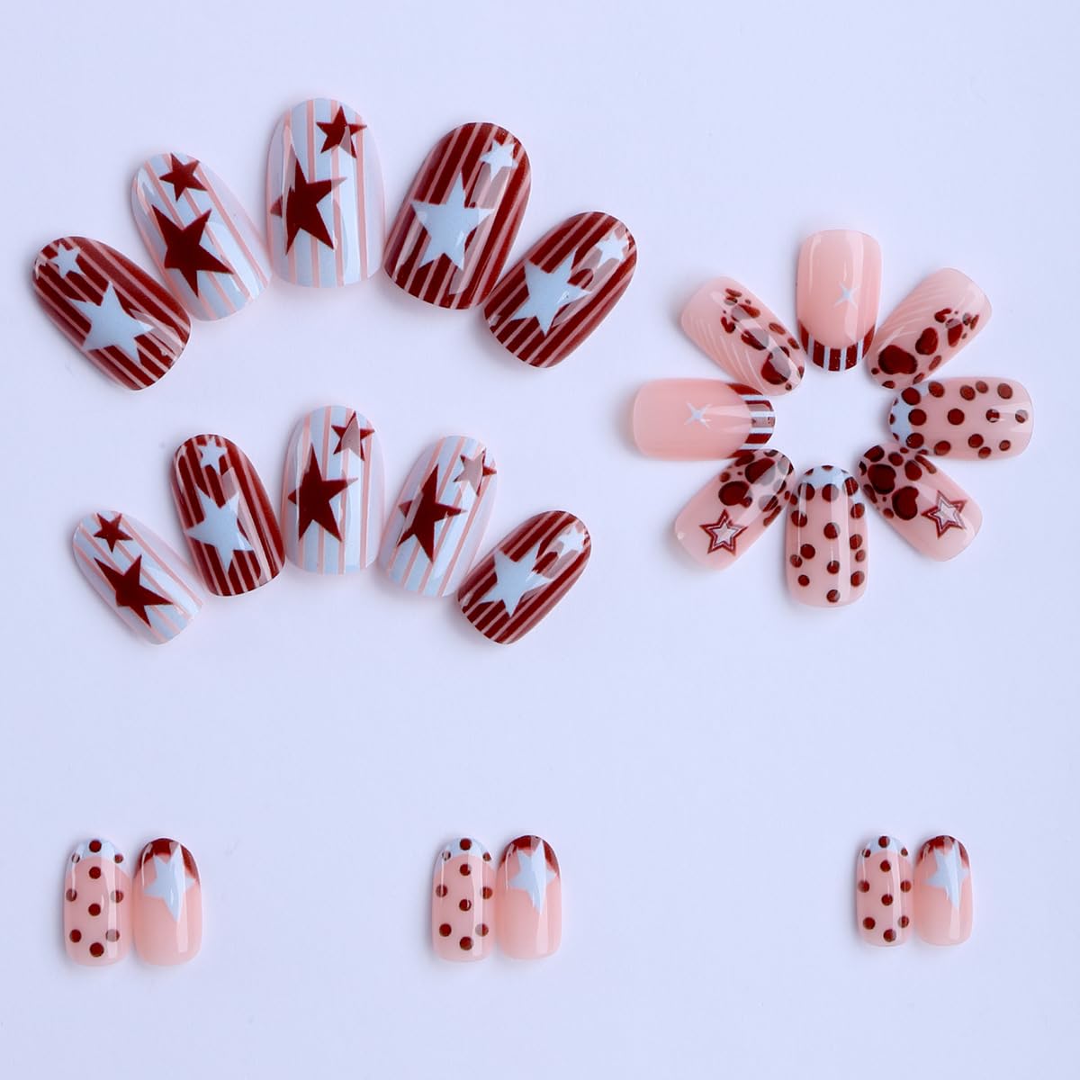 Short Oval Press on False Nails - Star & Dot & Striped Fake Nails, Y2K Brown Blue Full Cover Stick on Nails for Women Manicure 24Pcs